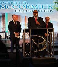 On Wednesday, Feb. 1, The Rev. Corey Brooks, Pastor of New Beginnings
Church and Founder of Project H.O.O.D, announced an $8 million matching gift donation from the Robert R. McCormick Foundation. The funds will go
towards the building of the Robert R. McCormick Leadership & Economic
Opportunity Center. PHOTO BY TIA CAROL JONES.