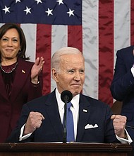 President Joe biden delivers the State of the Union address to a joint session of Congress at the U.S. Capitol, Tuesday, Feb. 7, 2023, in Washington, as Vice President Kamala Harris and House Speaker Kevin McCarthy of Calif., applaud.