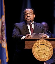 Minnesota Attorney General Keith Ellison delivers a speech during his inauguration for his second term on January 2 in St. Paul, Minnesota.
Mandatory Credit:	Abbie Parr/AP/FILE