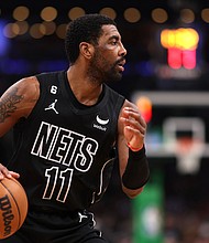 Kyrie Irving dribbles the ball while he plays for the Brooklyn Nets against the Boston Celtics on February 1 in Boston, Massachusetts.
Mandatory Credit:	Maddie Meyer/Getty Images