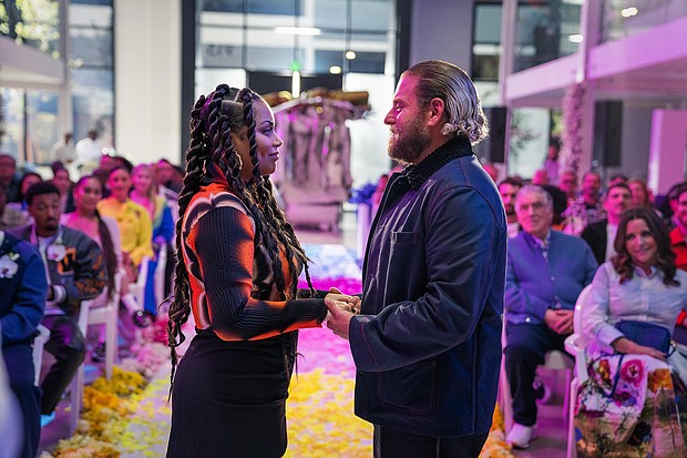 Lauren London as Amira and Jonah Hill as Ezra in "You People."
Mandatory Credit:	Parrish Lewis/Netflix