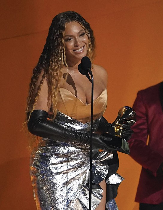 Beyonce accepts the award for best dance/electronic music album for “Renaissance” at the 65th annual Grammy Awards on Sunday in Los Angeles.