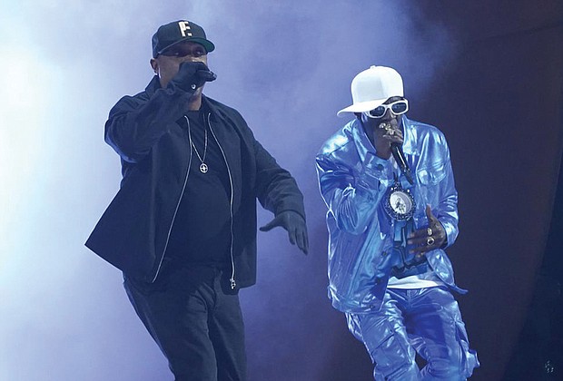 Chuck D, left, and Flavor Flav perform “Rebel Without a Pause” at the Grammy Awards.