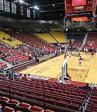 The NMSU men's basketball team, seen here practicing at the Pan American Center in Las Cruces in 2019, has been suspended "until further notice," according to the university.
Mandatory Credit:	Nathan J Fish/Las Cruces Sun-News/USA Today