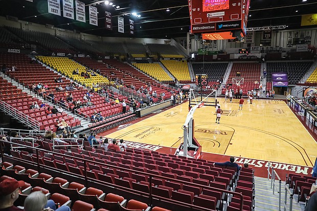 The NMSU men's basketball team, seen here practicing at the Pan American Center in Las Cruces in 2019, has been suspended "until further notice," according to the university.
Mandatory Credit:	Nathan J Fish/Las Cruces Sun-News/USA Today