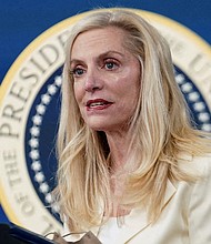 In this November 2021 photo, Lael Brainard, a member of the Federal Reserve's Board of Governors, speaks after she was nominated by U.S. President Joe Biden to serve as vice chair of the Fed at the White House.
Mandatory Credit:	Kevin Lamarque/Reuters/File