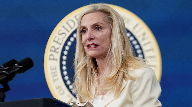 In this November 2021 photo, Lael Brainard, a member of the Federal Reserve's Board of Governors, speaks after she was nominated by U.S. President Joe Biden to serve as vice chair of the Fed at the White House.
Mandatory Credit:	Kevin Lamarque/Reuters/File