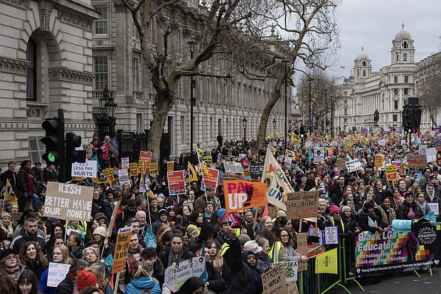 Education workers rally in Westminster, London during a day of strikes across the United Kingdom on February 1.
Mandatory Credit:	Dan Kitwood/Getty Images