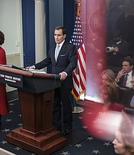 John Kirby speaks during a news conference with Karine Jean-Pierre, White House press secretary, left, at the White House in Washington, DC, on February 13.
Mandatory Credit:	Oliver Contreras/SIPA/Bloomberg/Getty Images