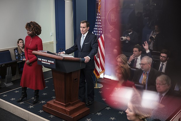 John Kirby speaks during a news conference with Karine Jean-Pierre, White House press secretary, left, at the White House in Washington, DC, on February 13.
Mandatory Credit:	Oliver Contreras/SIPA/Bloomberg/Getty Images