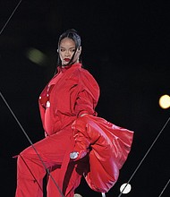 Rihanna performs Sunday during the halftime show at Super Bowl LVII in Glendale, Arizona.