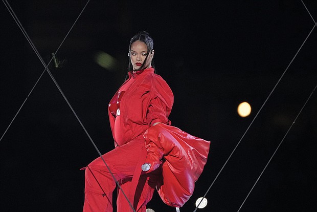 Rihanna performs Sunday during the halftime show at Super Bowl LVII in Glendale, Arizona.