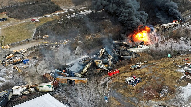 This photo taken with a drone shows portions of a Norfolk Southern freight train that derailed February 3 in East Palestine, Ohio, were still on fire, February 4.
Mandatory Credit:	Gene J. Puskar/AP