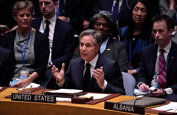 Secretary of State Antony Blinken speaks during the United Nations Security Council meeting at the UN Headquarters in New York City on February 24.
Mandatory Credit:	Timothy A. Clary/AFP/Getty Images