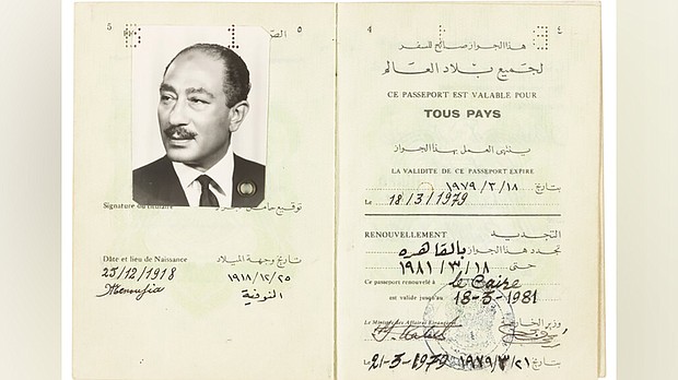 Late Egyptian President Anwar Sadat's diplomatic passport, which was sold at a Texas auction house for $47,500 on Wednesday.
Mandatory Credit:	Heritage Auctions