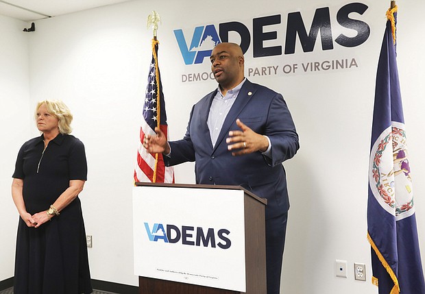 Susan Swecker, chairwoman of the Democratic Party of Virginia, left, stands with Delegate Lamont Bagby after he received the Democratic nomination for Virginia’s 9th Senate District on Monday.