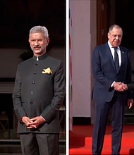 Russian Foreign Minister Sergei Lavrov and Secretary of State Anthony Blinken meet with their Indian counterpart Subrahmanyam Jaishankar  in New Delhi at the G20 Foreign Ministers' Meeting.
Mandatory Credit:	India Ministry of External Affairs/YouTube