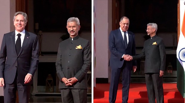 Russian Foreign Minister Sergei Lavrov and Secretary of State Anthony Blinken meet with their Indian counterpart Subrahmanyam Jaishankar  in New Delhi at the G20 Foreign Ministers' Meeting.
Mandatory Credit:	India Ministry of External Affairs/YouTube