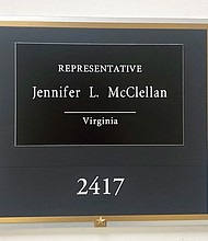 The official sign outside of Rep. Jennifer L. McClellan’s new office is in place. Her office is on the fourth floor of the Rayburn House Office Building.