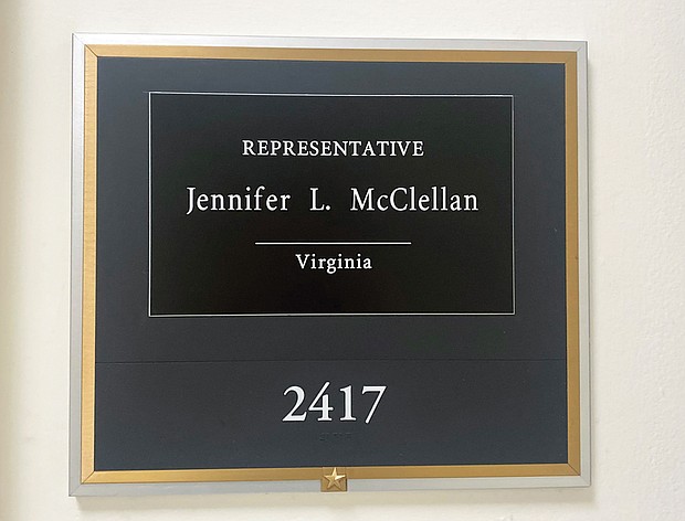 The official sign outside of Rep. Jennifer L. McClellan’s new office is in place. Her office is on the fourth floor of the Rayburn House Office Building.