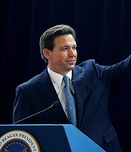 Florida Gov. Ron DeSantis waves to the crowd at the Reagan Library in Simi Valley, California, on March 5, 2023, after speaking about his new book "The Courage to Be Free."
Mandatory Credit:	Mario Tama/Getty Images