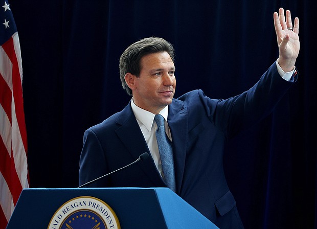 Florida Gov. Ron DeSantis waves to the crowd at the Reagan Library in Simi Valley, California, on March 5, 2023, after speaking about his new book "The Courage to Be Free."
Mandatory Credit:	Mario Tama/Getty Images