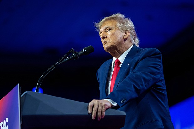 Former President Donald Trump speaks at the Conservative Political Action Conference, CPAC 2023, Saturday, March 4, 2023, at National Harbor in Oxon Hill, Md.
Mandatory Credit:	Alex Brandon/AP
