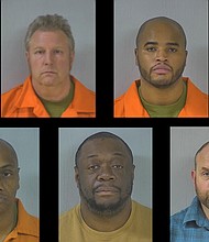 Seven Virginia sheriff's deputies have been charged with second-degree murder after a man in their custody died. Clockwise from top left: Tabitha Levere, Randy Boyer, Kaiyell Sanders, Dwayne Bramble, Bradley Disse, Brandon Rodgers and Jermaine Branch.
Mandatory Credit:	Meherrin River Regional Jail