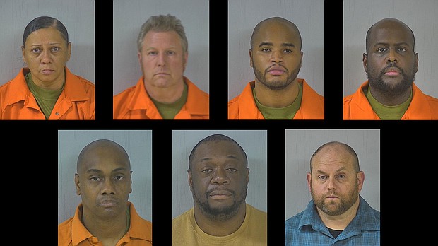Seven Virginia sheriff's deputies have been charged with second-degree murder after a man in their custody died. Clockwise from top left: Tabitha Levere, Randy Boyer, Kaiyell Sanders, Dwayne Bramble, Bradley Disse, Brandon Rodgers and Jermaine Branch.
Mandatory Credit:	Meherrin River Regional Jail