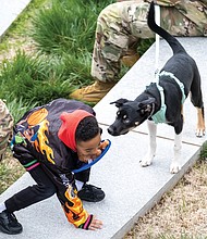 Kyrie Artis, 6, gets acquainted with a dog, along with soldiers from Fort Lee Military Base, during a K9 Walk
at the Virginia War Memorial in Richmond on March 11. The annual K9 event commemorates K-9 Veterans Day in Virginia and across the U.S. The special day recognizes and honors contributions of military and services dogs in battle and to civilian communities.