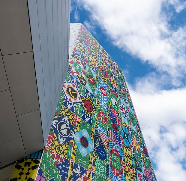 “McLean,” an installation by Navine G. Dossos, is featured on the façade of the Institute of Contemporary Art at Virginia Commonwealth University. The installation is part of the exhibit “So it appears” opening on Feb. 24 at the ICA, 601 W Broad St. The vinyl pieces used in the work are adapted from a series of paintings. According to the ICA’s website, “McLean, ”commissioned for the ICA’s Belvidere Street façade, is an adaptation of the artist’s former work “No Such Organization (2018-2020),” a series of 100 gouache paintings of icons and symbols. Each painting is in response to a news article following the disappearance and heinous murder, in October 2018, of journalist Jamal Khashoggi who lived in Mclean in Northern Virginia. For more details, please visit https://icavcu.org/exhibitions/ mclean/