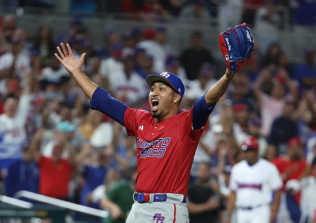 Edwin Díaz celebrates against the Dominican Republic.
Mandatory Credit:	Al Bello/Getty Images