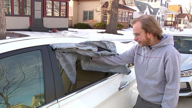 Hayden Griswold discovered his Hyundai's back window was smashed out again Friday. It's the fifth time he says in the last six months.
Mandatory Credit:	WCCO