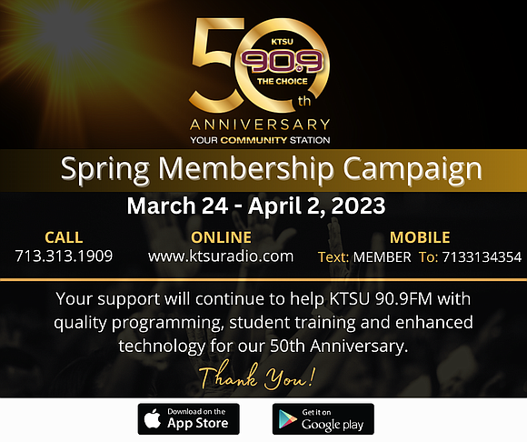 KTSU 90.9 FM, Houston's legendary public radio station announces the launch of its spring membership campaign from March 24 to …