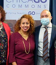 Daisy Playa, graduate of Instituto del Progreso Latino, shares her personal
story at a press conference to announce that Chicago Commons is a winner
of a $2.2 million philanthropic commitment from JPMorgan Chase as part of
an annual competition to source innovative and sustainable ideas to advance
equity in the United States. The investment will fund a new strategic initiative
to create workforce strategies helping low-income women and single
mothers of color achieve financial stability and build wealth. (Courtesy of
Chicago Commons - PHOTO BY STEVEN KOCH)