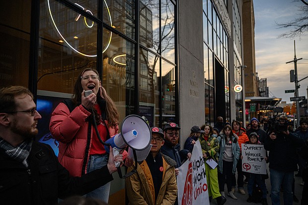 Members of the Alphabet Workers Union rallied outside Google's New York office in January following the layoffs. Hundreds of new employees have joined the union since the layoffs, an organizing member told CNN.
Mandatory Credit:	Ed Jones/AFP/Getty Images