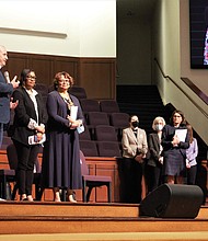 From left, Richmond City Council members Stephanie A. Lynch, Andreas D. Addison, Ann-Frances Lambert and Ellen F. Robertson address members of RISC at Saint Paul’s Baptist Church on March 28 during the RISC Nehemiah Action Assembly.