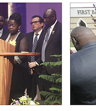 At the funeral of 28-year-old Irvo Otieno of Henrico County on March 29, at First Baptist Church, Ironbridge, in Chesterfield County, Leon Ochieng, brother of Irvo Otieno speaks during the funeral with his mother, Caroline A. Ouko, at his side.