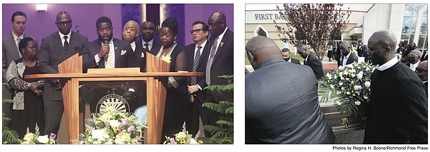 At the funeral of 28-year-old Irvo Otieno of Henrico County on March 29, at First Baptist Church, Ironbridge, in Chesterfield County, Leon Ochieng, brother of Irvo Otieno speaks during the funeral with his mother, Caroline A. Ouko, at his side.