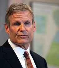 Tennessee Gov. Bill Lee responds to questions during a news conference on April 11 in Nashville.
Mandatory Credit:	George Walker IV/AP