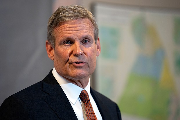 Tennessee Gov. Bill Lee responds to questions during a news conference on April 11 in Nashville.
Mandatory Credit:	George Walker IV/AP