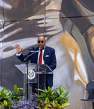 Harris County Commissioner Rodney Ellis speaks during a celebration ceremony for the Julia C. Hester House 80th anniversary.