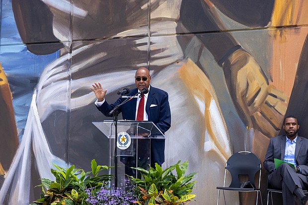 Harris County Commissioner Rodney Ellis speaks during a celebration ceremony for the Julia C. Hester House 80th anniversary.