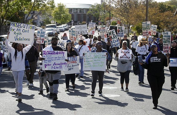 Community members march from Antioch police headquarters to City Hall in Antioch, California, on Tuesday, April 18.
Mandatory Credit:	Jane Tyska/Digital First Media/East Bay Times/Getty Images