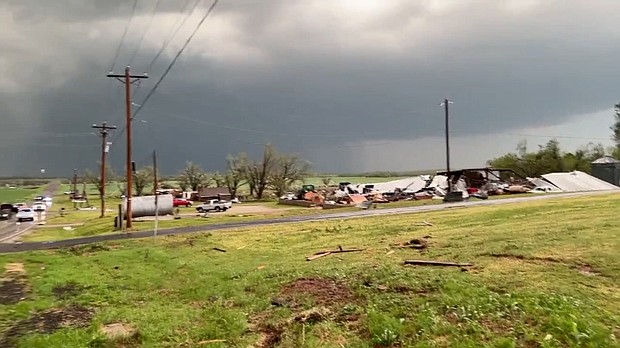 A "large and extremely dangerous" tornado has been observed over Cole, Oklahoma, on April 19, according to the National Weather Service.
Mandatory Credit:	@aidanbxyz/Twitter