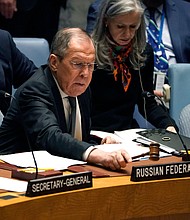 Russian Foreign Minister Sergey Lavrov chairs a Security Council meeting at UN Headquarters in New York on April 24, 2023.
Mandatory Credit:	Timothy A. Clary/AFP/Getty Images