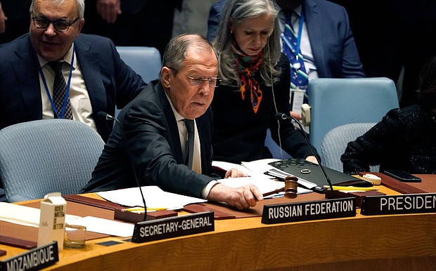 Russian Foreign Minister Sergey Lavrov chairs a Security Council meeting at UN Headquarters in New York on April 24, 2023.
Mandatory Credit:	Timothy A. Clary/AFP/Getty Images