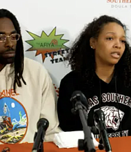Rodney and Temecia Jackson, speaking at a press conference.