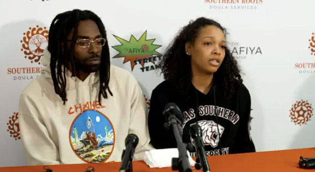 Rodney and Temecia Jackson, speaking at a press conference.