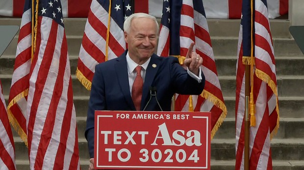 Former Arkansas Gov. Asa Hutchinson formally kicked off his presidential campaign on Wednesday with a speech in Bentonville, Arkansas.
Mandatory Credit:	POOL